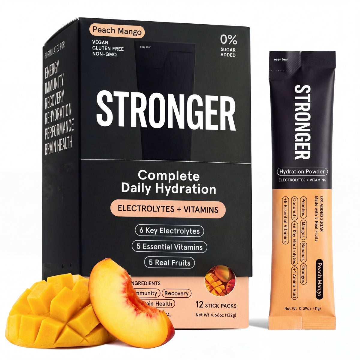 STRONGER Electrolytes Peach Mango box and stick pack